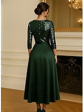 cheap Cocktail Dresses-A-Line Tea Length Cocktail Dresses Party Dresses Flared Dress Elegant 3/4 Length Sleeve V Neck Garden Party Wedding Satin with Sequin