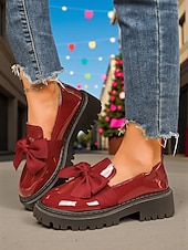 billige Slip-ons og loafers til kvinner-Kvinners burgunder patent lær slip-on loafere med bue – Chunky plattformsko uformelle utflukter daglig bruk og juletider