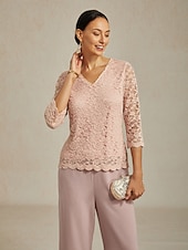 cheap Lace Tops-Women's Lace Shirt Blouse Lace Floral Elegant Long Sleeve V Neck Regular Tops Daily Wedding Guest Cute Outfits Pink Summer Spring Fall Winter