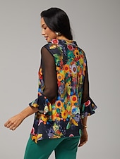 preiswerte Hemden, Tops und Blusen-Damen Bluse schwarz Blumendruck Stretch Chiffon Ärmel U-Boot-Ausschnitt lässig bequem Frühling Sommer Herbst Urlaub