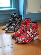 preiswerte Stiefeletten-Damen-Stiefeletten mit Blumenstickerei und Schnürung – Vintage-Boho-Stiefeletten mit dickem Absatz für Herbst, Winter, Festivals und Freizeit