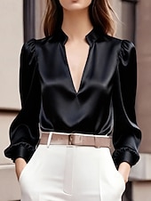 voordelige Chique Blouses-Dames Overhemd Elegant Chic satijnen top Met ruches Effen Stijlvol Lange mouw V-hals Normale tops Werk Feestdagen Uitgaan Zwart Wit Blozend Roze Lente Herfst
