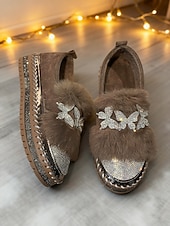 preiswerte Damen-Sneaker-Damen-Loafer mit Strass-Schmetterling und Kunstpelz – funkelnde Slipper für Partys und Club-Outfits &amp;Winter-Glamour-Stil