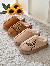 Χαμηλού Κόστους Γυναικείες Παντόφλες &amp; Σαγιονάρες-Γυναικείες παντόφλες με τυπωμένο ηλιοτρόπιο - ζεστά παπούτσια εσωτερικού χώρου με επένδυση από φλις και σχέδιο πεταλούδας, άνετα υποδήματα για το σπίτι για χειμερινά δώρα