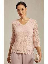 cheap Lace Tops-Women's Lace Shirt Blouse Lace Floral Elegant Long Sleeve V Neck Regular Tops Daily Wedding Guest Cute Outfits Pink Summer Spring Fall Winter