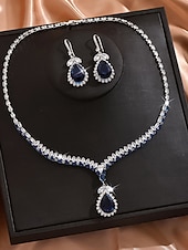 Недорогие Женское ожерелье-Женский комплект украшений из синего кристалла — элегантное каплевидное ожерелье со стразами и серьги-подвески для вечеринок, вечеров и официальных мероприятий