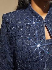 お買い得  レディースブラウススーツ-女性用 ブラウス ドレッシーなトップス ツインセット スパンコール レース ペーズリー エレガント パーティー 七分袖 スタンドカラー セミフォーマル フォーマルウェア カクテルの服装 ネイビーブルー 春 秋 冬