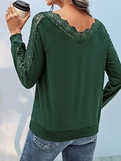 abordables T-shirt uni-Femmes Chemisier Dentelle Patchwork Uni Actif Occasionnel manche longue Col en V Hauts Réguliers Quotidien Fête Sortir Vert Emeraude Gris foncé Été Automne