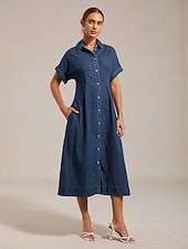 olcso Denimszövet ruhák-farmer testhezálló, elülső nyílással díszített ingruha lezser vakációs ruha