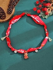 tanie Naszyjnik damski-Naszyjnik świąteczny dla kobiet, wykonany ze stopu metali, tkaniny i akrylu, z motywem renifera, Świętego Mikołaja i choinki, idealny na przyjęcia świąteczne