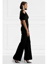 preiswerte Overalls für Mütter-Overalls Bodenlang Brautmutterkleid Kurzarm Rundhalsausschnitt Elegant Einfach Formell Hochzeitsgast Familientreffen Stretchstoff mit Einfarbig