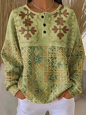 voordelige Boho Tops-Dames Trui-sweatshirt Knop Afdrukken Bloemig Grafisch Paisley Vintage Casual Lange mouw Strakke ronde hals Normale tops Casual Straat Dagelijks gebruik blauw Zwart Groen Koffie Lente Herfst Winter