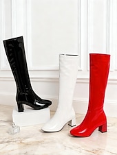 economico Stivali alla moda-stivali alti fino al ginocchio da donna in similpelle verniciata rossa - tacco spesso alla moda, chiusura con cerniera, alla moda e alla moda per tutti i giorni, le feste e le serate fuori