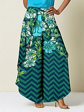 رخيصةأون السراويل النسائية-بنطلون واسع الساق من الساتان بطبعة زهور هندسية، مناسب للعطلات غير الرسمية