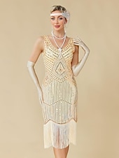 baratos Vestidos dos anos 1920-Conjunto Loucos anos 20 Anos 20 Até os Joelhos Vestidos Vestido melindroso Roupa com acessórios Sem Mangas O Grande Gatsby charleston Paetês Franjas Pena Decote V Fantasia Mulheres Carnaval Ano Novo