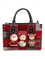 billiga Grafiska tryckväskor-Julväska för kvinnor - konstläder, designad med jultomte och snögubbe, presentväska för kvinnor, handväska för julen, perfekt för fester och vinterutflykter