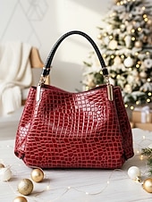billiga Hand- och toteväskor-Damhandväska i konstläder med krokodilprägling, julklar, finns i rött, blått och svart – snygg vinteraxelväska med justerbar rem och gulddetaljer
