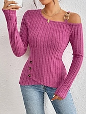 cheap Plain Tops-Women&#039;s Blouse Solid Color Stylish Casual Long Sleeve Asymmetrical Regular Tops Daily Patchwork Buttons Fuchsia Spring Fall Winter