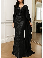 baratos Ball Gown Evening Dresses-Sheath Column Floor Length Evening Gown Ball Gown with Overskirt Formal Dress Elegant Glittering Sparkle Long Sleeve V Neck Wedding Formal Capes Lurex Fabric with Glitter Embroidery