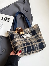 Недорогие Сумки с ручками сверху и шопперы-Женские рождественские клетчатые сумки-шопперы – большие и маленькие размеры, полиэстеровая ткань с помпонами, праздничный стиль для предпраздничного шопинга и подарков