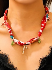 tanie Naszyjnik damski-Naszyjnik świąteczny dla kobiet, wykonany ze stopu metali, tkaniny i akrylu, z motywem renifera, Świętego Mikołaja i choinki, idealny na przyjęcia świąteczne