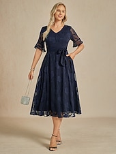  Damen Midikleid A Linie Kleid Elegant Täglich Hochzeitsgast Date Spitze Rüsche Durchsichtige Ärmel Normale Passform Blumen Kurzarm V Ausschnitt Marineblau