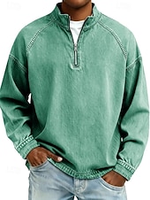 preiswerte Basic-T-Shirts-Herren Hemd aus 100 % Baumwolle in Säurewaschung T-Shirt Langarm Stehkragen Frühling Herbst Herbst Winter Einfach Vintage Streetwear Lässig Reißverschluss Basic Lässig Heim Straße Schwarz Rosa