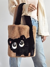 tanie Torby i torebki-damska pluszowa torba typu tote z motywem kociej buzi, dostępna w wielu kolorach, z miękkiego futerka, o uroczym i zabawnym designie, idealna na niezobowiązujące wyjścia i jako prezent