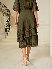 levne Šifónové sukně-Dámské Elegantní Na běžné nošení Midi Středně vysoký pas Sukně Květinový Krajka Volány Nepravidelný lem Lehce elastické Rande Běžné / Denní Olivová Jaro. Podzim. Zima. Léto Polyester