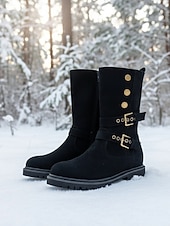 preiswerte Schnee- und Winterstiefel-Beige Wildleder-Schneestiefel für Damen, mittelhoch, mit Schnallenriemen – warme, mit Sherpa-Fleece gefütterte Winterstiefel für Outdoor-Aktivitäten im Schnee und auf Reisen