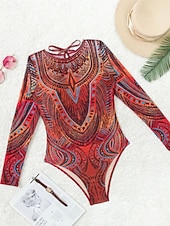 levne Jednodílné plavky-Dámský jednodelný plavkový úbor zeštíhlující sexy výřez Boho monokiny kontrola břicha vysoký pas štíhlé bez zad dovolená módní grafický geometrický kulatý výstřih dlouhý rukáv bez rukávů