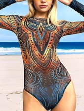 levne Jednodílné plavky-Dámský jednodelný plavkový úbor zeštíhlující sexy výřez Boho monokiny kontrola břicha vysoký pas štíhlé bez zad dovolená módní grafický geometrický kulatý výstřih dlouhý rukáv bez rukávů