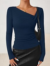 economico T-shirt semplice-Per donna Maglietta Elegante Vintage Manica Lunga Scollo a Cascata Top Regolari Quotidiano Blu Vino Marrone Bianco sporco Primavera Autunno