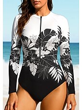 baratos Rash Guards de Uma Peça-Mulheres Segunda-pele para Mergulho Roupa de banho Roupas de Banho Esportivas Floral Tropical Zip Up UPF50+ Secagem Rápida Leve Manga Longa Camisa de Natação Surfe Praia Esportes Aquáticos Verão