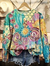 preiswerte Blumen-Hoodies-Damen Pullover Sweatshirt Patchwork Blumen Grafik Lässig Langarm Rundhalsausschnitt Normale Oberteile Lässig Straße Alltagskleidung Blau Gelb Herbst Winter