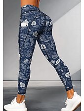economico leggings 3d-Per donna leggings da pilates Pantaloni fitness Leggings casual Tasche Bollo Patchwork Pilates Palestra Allenamento in Palestra Pantaloni Collant Leggings Paisley Stampa Floreale Blu marino scuro Gli