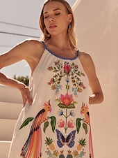baratos Vestidos Florais-vestido estampado estilo férias na praia em tons de branco