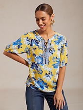 levne košile, topy a halenky-viskózový top s kulatým výstřihem a uměleckým květinovým potiskem na dovolenou