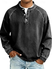 cheap Basic T shirts-Men's T Shirt Henley Shirt 100% Cotton Acid Wash Shirt Tee Top Long Sleeve Plain Vintage Streetwear Casual Washed Raglan Sleeves Stand Collar Henley Casual Home Street Spring Fall Fall &amp; Winter Black