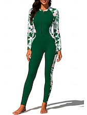abordables Rash Guards Une Pièce-Femmes Moyen Maillot Anti UV Rashguard intégral Combinaison de surf une pièce Floral Tropical Zip Up avec soutien-gorge intégré ​fermeture éclair sur le devant Protection Solaire UV Couvrant UPF50+