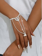 Χαμηλού Κόστους Γυναικείο βραχιόλι-Γυναικείο βραχιόλι με αλυσίδα σε σχήμα καρδιάς και χρυσό στρας - κομψός συνδυασμός βραχιολιών με κρυστάλλινο δαχτυλίδι για πάρτι, γάμους και βραδινές περιστάσεις