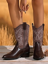 Χαμηλού Κόστους Καουμπόη και δυτικές μπότες-Γυναικείες καφέ μπότες western μέχρι τη μέση της γάμπας – καουμπόικες μπότες από τεχνητό δέρμα με κεντημένο σχέδιο για φθινοπωρινές, country style και εκδηλώσεις ροντέο