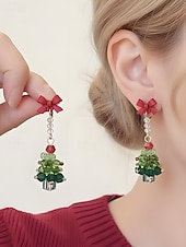 ieftine Cercel de damă-Bijuterii acrilice de Crăciun pentru femei – colier și cercei cu brad festiv și funde roșii, perfecți pentru petreceri și sărbători