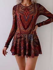 رخيصةأون مايوه قطعة واحدة-بيكيني نسائي قطعة واحدة ملابس السباحة مع تنورة فستان بوهيمي للتحكم في البطن خصر عالي أنيق بلا ظهر إجازة ملابس الشاطئ رسومات هندسية عنق دائري بلا أكمام وأكمام طويلة