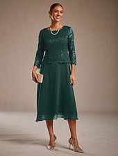  Dámské Midi šaty Šifonové šaty Elegantní Svatební host Koktejlový večírek Čajový dýchánek Flitry Krajka Pevná barva 3/4 délka rukávu Tričkový Smaragdová zeleň