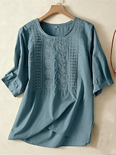 tanie Boho topy-Damskie Koszula Haft Jednokolorowe Kwiaty Codzienny Boho Rękaw 3/4 Rękaw 3/4 Półgolf Zwykłe topy Codzienny Wyjściowe Niebieski Jasnozielony Fioletowy Lato