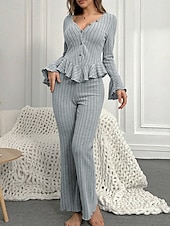 abordables Vêtements de nuit pour femmes-Femmes Ensemble Pyjama Occasionnel Confort Couleur Unie Taille Élastique Pantalon Maison Quotidien manche longue Col en V Noir Vin Fuchsia Gris Printemps Automne Hiver Coupe régulière