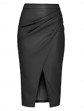 abordables Faldas Formales-Mujer Elegante Moda Midi Alta cintura Faldas Plano Frunce Puntas abiertas Rígido Diario Calle Rojo tinto Negro Marrón Beige Primavera