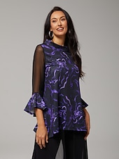 cheap Shirts,Tops &amp; Blouses-Women's Blouse Black Floral Print Stretch Chiffon Sleeves Bateau Neckline Casual Comfortable Spring Summer Fall Vacation