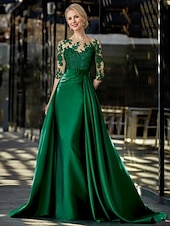 voordelige Vloerlengte-A-lijn Strijksleep Bruiloft gast jurk Formele jurk Avondjurk Moeder van de bruid jurk Lange mouw Met sieraad Elegant Zijdeachtig Kerstmis Formeel Satijn met Appliqués